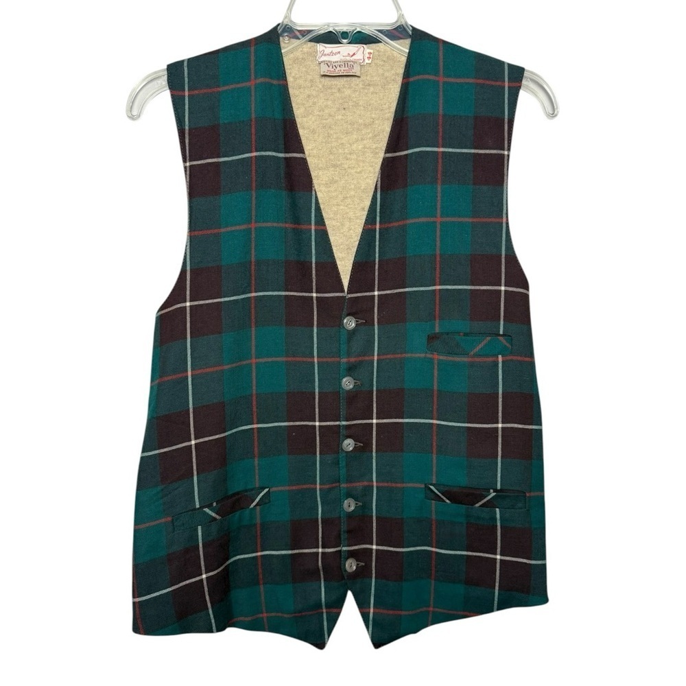 Vintage 70s Plaid Sweater Vest Size 44 = Small Med Green Tan Wool Cotton Jantzen